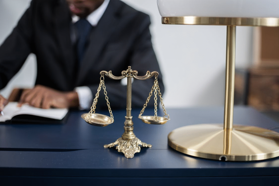 A balance scale at a lawyer’s desk